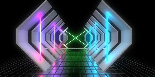 Abstract Background Neon Lights Neon Tunnel Space Construction Illustration — Stock Photo, Image