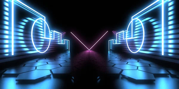 Abstract Background Neon Lights Neon Tunnel Space Construction Illustration — Stock Photo, Image