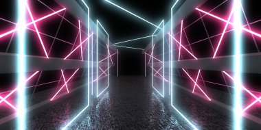 Üç boyutlu soyut arkaplan ve neon ışıkları. Neon tüneli. Uzay inşaatı. 3d illüstrasyon