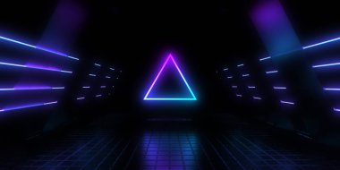 Üç boyutlu soyut arkaplan ve neon ışıkları. Neon tüneli. Uzay inşaatı. 3d illüstrasyon