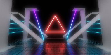Üç boyutlu soyut arkaplan ve neon ışıkları. Neon tüneli. Uzay inşaatı. 3d illüstrasyon