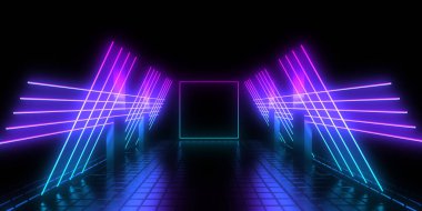 Üç boyutlu soyut arkaplan ve neon ışıkları. Neon tüneli. Uzay inşaatı. 3d illüstrasyon