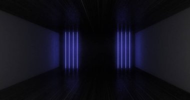 Üç boyutlu soyut arkaplan ve neon ışıkları. Neon tüneli. Uzay inşaatı. 3d illüstrasyon