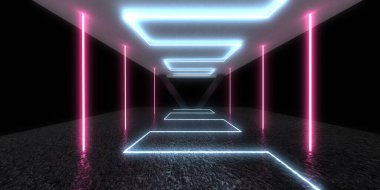 Üç boyutlu soyut arkaplan ve neon ışıkları. Neon tüneli. Uzay inşaatı. 3d illüstrasyon