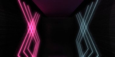 Üç boyutlu soyut arkaplan ve neon ışıkları. Neon tüneli. Uzay inşaatı. 3d illüstrasyon