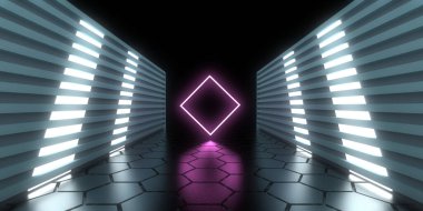 Üç boyutlu soyut arkaplan ve neon ışıkları. Neon tüneli. Uzay inşaatı. 3d illüstrasyon