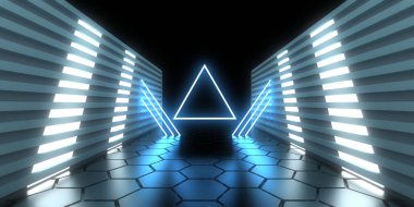 Üç boyutlu soyut arkaplan ve neon ışıkları. Neon tüneli. Uzay inşaatı. 3d illüstrasyon