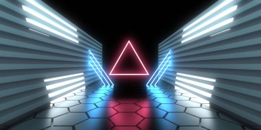 Üç boyutlu soyut arkaplan ve neon ışıkları. Neon tüneli. Uzay inşaatı. 3d illüstrasyon