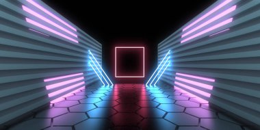 Üç boyutlu soyut arkaplan ve neon ışıkları. Neon tüneli. Uzay inşaatı. 3d illüstrasyon