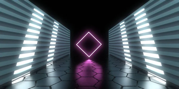 Sfondo Astratto Con Luci Neon Costruzione Tunnel Neon Space Illustrazione — Foto Stock