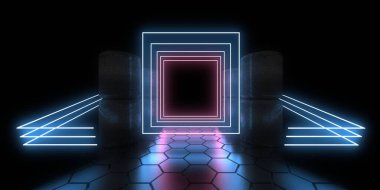Üç boyutlu soyut arkaplan ve neon ışıkları. Neon tüneli. Uzay inşaatı. 3d illüstrasyon