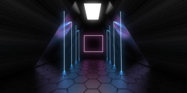 Üç boyutlu soyut arkaplan ve neon ışıkları. Neon tüneli. Uzay inşaatı. 3d illüstrasyon