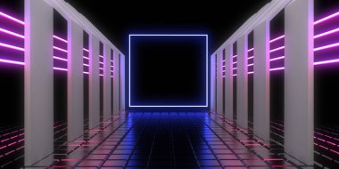Üç boyutlu soyut arkaplan ve neon ışıkları. Neon tüneli. Uzay inşaatı. 3d illüstrasyon