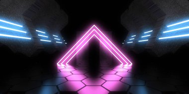 Üç boyutlu soyut arkaplan ve neon ışıkları. Neon tüneli. Uzay inşaatı. 3d illüstrasyon