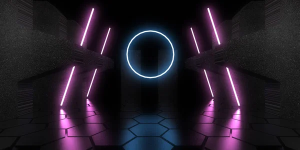 Fundo Abstrato Com Luzes Néon Neon Túnel Space Construção Ilustração — Fotografia de Stock