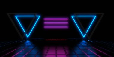 Üç boyutlu soyut arkaplan ve neon ışıkları. Neon tüneli. Uzay inşaatı. 3d illüstrasyon