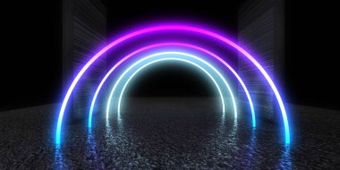 Üç boyutlu soyut arkaplan ve neon ışıkları. Neon tüneli. Uzay inşaatı. 3d illüstrasyon