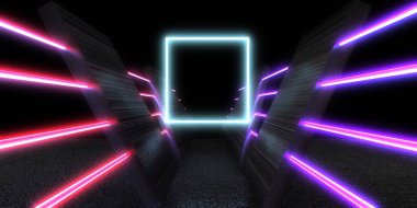 Üç boyutlu soyut arkaplan ve neon ışıkları. Neon tüneli. Uzay inşaatı. 3d illüstrasyon