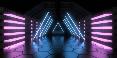 Üç boyutlu soyut arkaplan ve neon ışıkları. Neon tüneli. Uzay inşaatı. 3d illüstrasyon