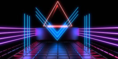 Üç boyutlu soyut arkaplan ve neon ışıkları. Neon tüneli. Uzay inşaatı. 3d illüstrasyon