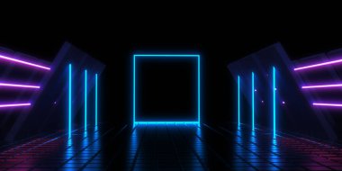 Üç boyutlu soyut arkaplan ve neon ışıkları. Neon tüneli. Uzay inşaatı. 3d illüstrasyon