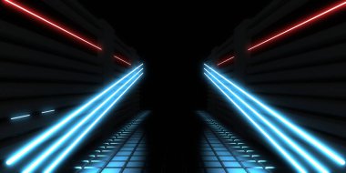Üç boyutlu soyut arkaplan ve neon ışıkları. Neon tüneli. Uzay inşaatı. 3d illüstrasyon