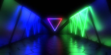 Üç boyutlu soyut arkaplan ve neon ışıkları. Neon tüneli. Uzay inşaatı. 3d illüstrasyon