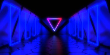 Üç boyutlu soyut arkaplan ve neon ışıkları. Neon tüneli. Uzay inşaatı. 3d illüstrasyon