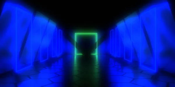 Sfondo Astratto Con Luci Neon Costruzione Tunnel Neon Space Illustrazione — Foto Stock