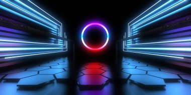 Üç boyutlu soyut arkaplan ve neon ışıkları. Neon tüneli. Uzay inşaatı. 3d illüstrasyon