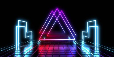 Üç boyutlu soyut arkaplan ve neon ışıkları. Neon tüneli. Uzay inşaatı. 3d illüstrasyon