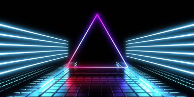 Üç boyutlu soyut arkaplan ve neon ışıkları. Neon tüneli. Uzay inşaatı. 3d illüstrasyon