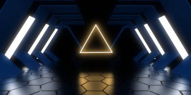 Üç boyutlu soyut arkaplan ve neon ışıkları. Neon tüneli. Uzay inşaatı. 3d illüstrasyon
