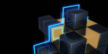 Üç boyutlu soyut arkaplan ve neon ışıkları. Neon tüneli. Uzay inşaatı. 3d illüstrasyon