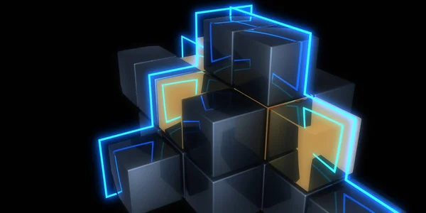 Abstrakt Bakgrund Med Neonljus Neontunnel Space Cubes Konstruktion Illustration — Stockfoto