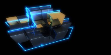 Üç boyutlu soyut arkaplan ve neon ışıkları. Neon tüneli. Uzay KUBESİ inşaatı. 3d illüstrasyon