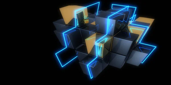 Fundo Abstrato Com Luzes Néon Neon Tunnel Space Cubes Construção — Fotografia de Stock