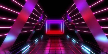 Üç boyutlu soyut arkaplan ve neon ışıkları. Neon tüneli. Uzay inşaatı. 3d illüstrasyon