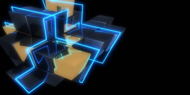 Üç boyutlu soyut arkaplan ve neon ışıkları. Neon tüneli. Uzay KUBESİ inşaatı. 3d illüstrasyon