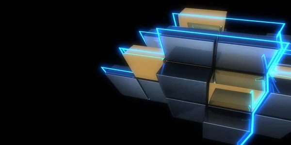 ネオンライトで3D抽象的な背景 ネオントンネル Space Cubes建設 3Dイラスト — ストック写真