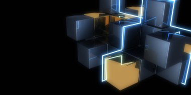 Üç boyutlu soyut arkaplan ve neon ışıkları. Neon tüneli. Uzay KUBESİ inşaatı. 3d illüstrasyon