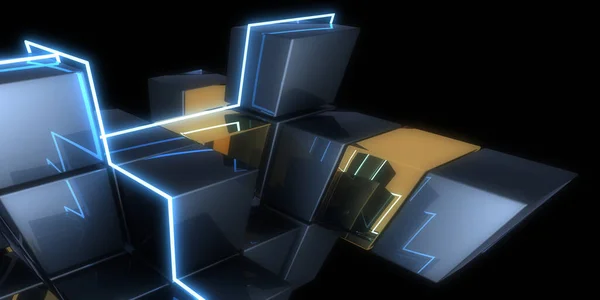 Abstraktní Pozadí Neonovými Světly Neonový Tunel Space Cubes Konstrukce Obrázek — Stock fotografie