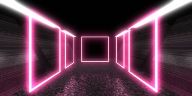 Üç boyutlu soyut arkaplan ve neon ışıkları. Neon tüneli. Uzay inşaatı. 3d illüstrasyon