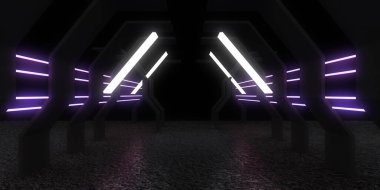 Üç boyutlu soyut arkaplan ve neon ışıkları. Neon tüneli. Uzay inşaatı. 3d illüstrasyon