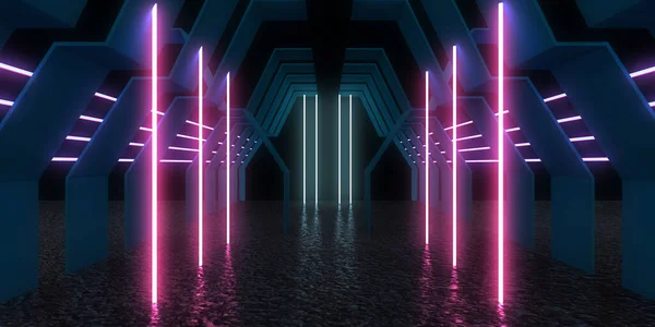 Fundo Abstrato Com Luzes Néon Neon Túnel Space Construção Ilustração — Fotografia de Stock