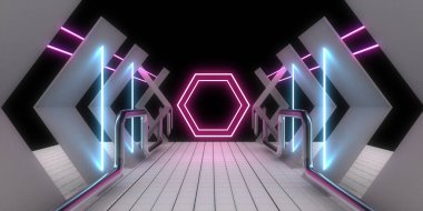 Üç boyutlu soyut arkaplan ve neon ışıkları. Neon tüneli. Uzay inşaatı. 3d illüstrasyon