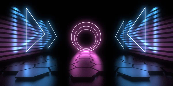 Abstract Background Neon Lights Neon Tunnel Space Construction Illustration — Stock Photo, Image