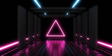 Üç boyutlu soyut arkaplan ve neon ışıkları. Neon tüneli. Uzay inşaatı. 3d illüstrasyon