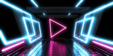 Üç boyutlu soyut arkaplan ve neon ışıkları. Neon tüneli. Uzay inşaatı. 3d illüstrasyon