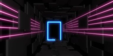 Üç boyutlu soyut arkaplan ve neon ışıkları. Neon tüneli. Uzay inşaatı. 3d illüstrasyon